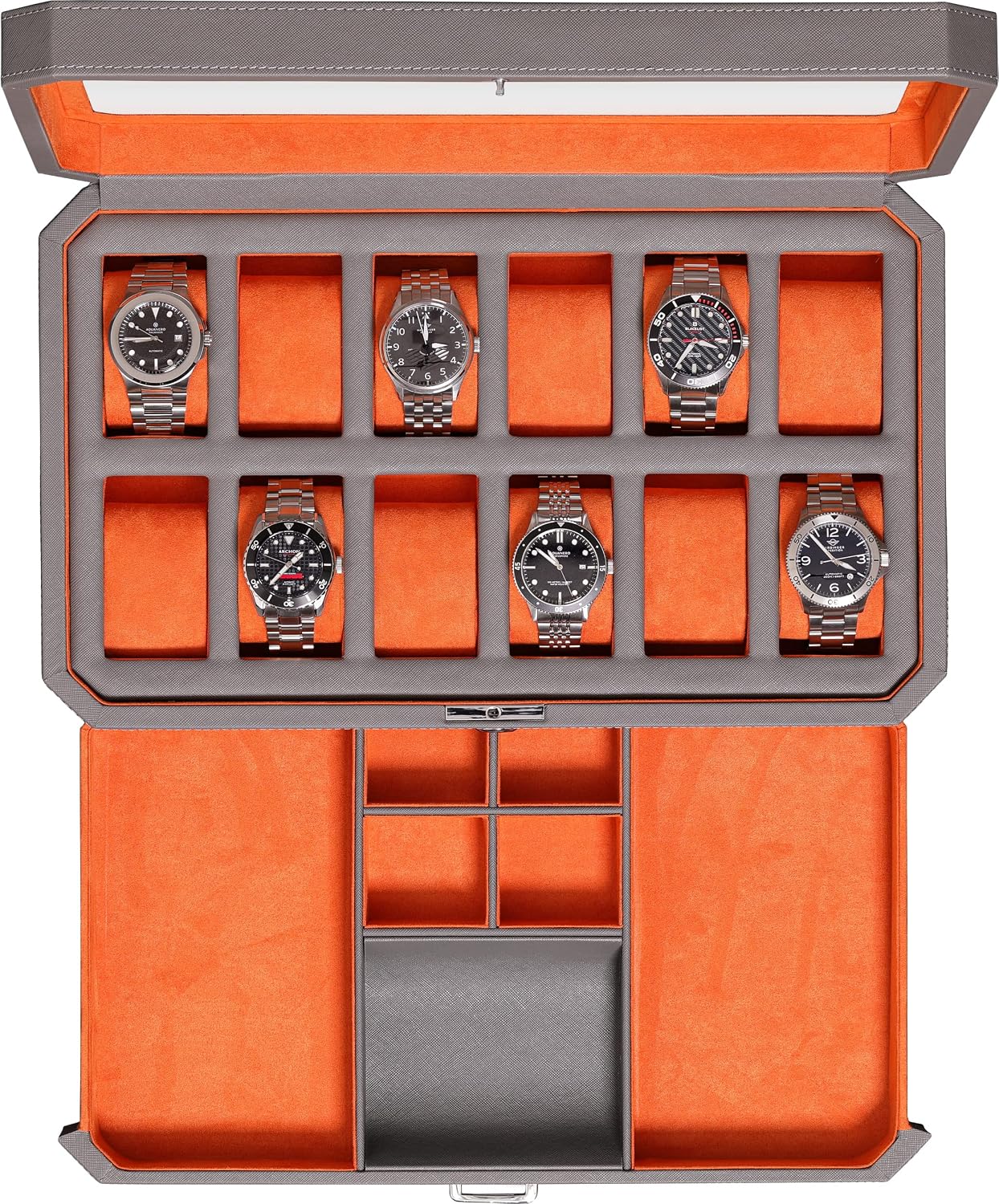 Luxury Watch Display Case - 12-vakken lederen horlogekist met opberglade -